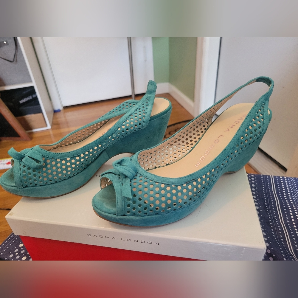 Sacha London Teal Peep-Toe Wedge Shoes